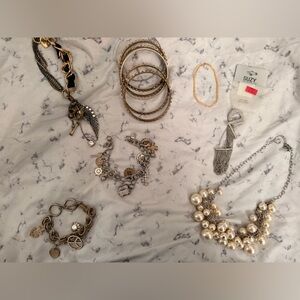 Elegant Charm Bracelet & Bangle Set – Mixed Metals – As Is